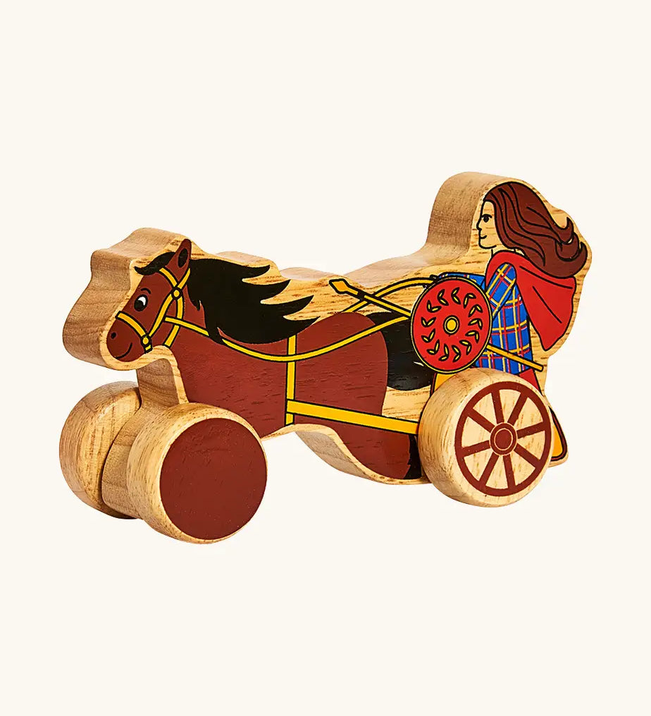 A flipped Lanka Kade chunky wooden Boudicca with shield and staff on a chariot push along toy