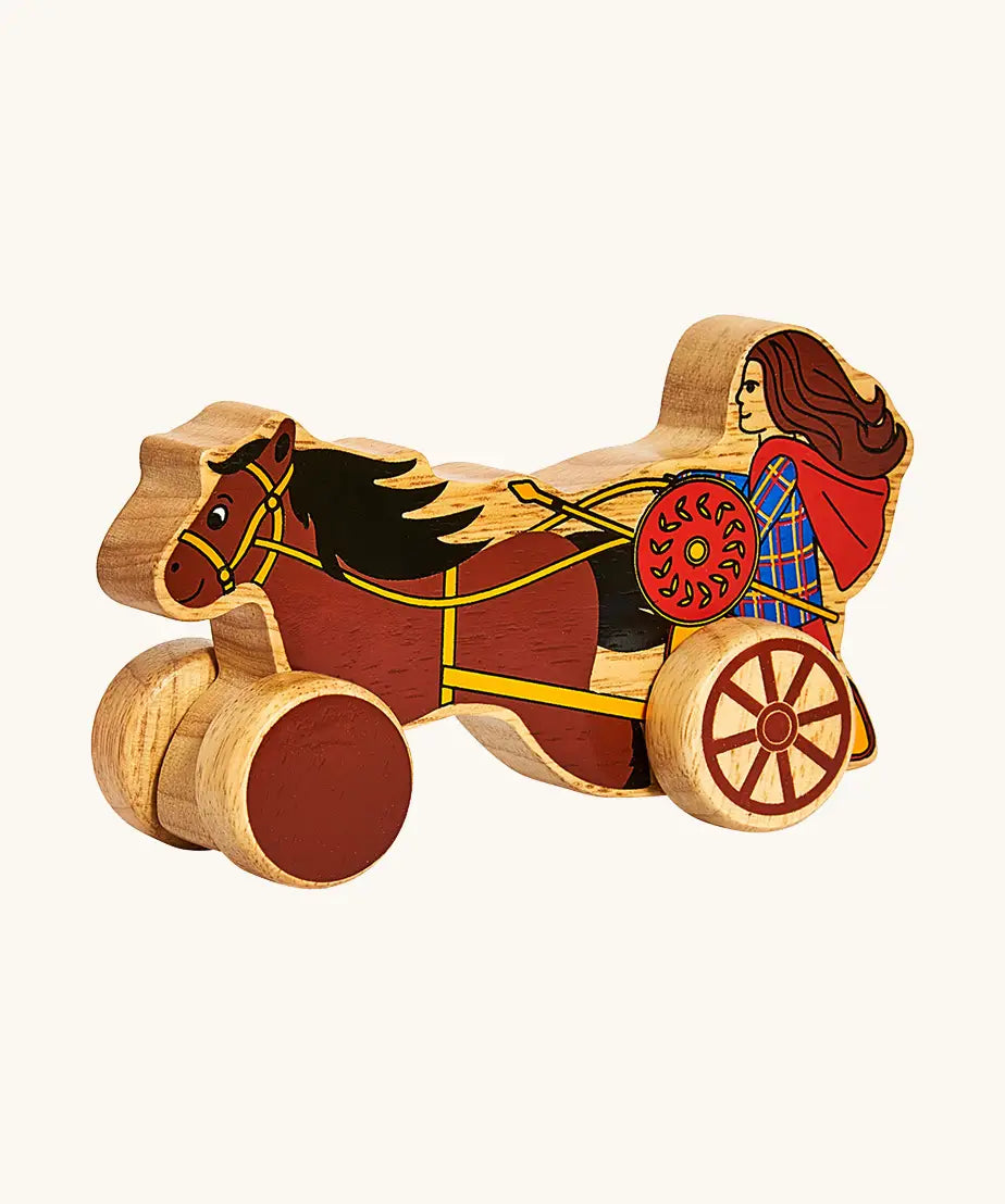 A flipped Lanka Kade chunky wooden Boudicca with shield and staff on a chariot push along toy