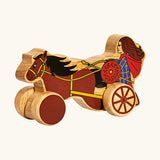 A flipped Lanka Kade chunky wooden Boudicca with shield and staff on a chariot push along toy