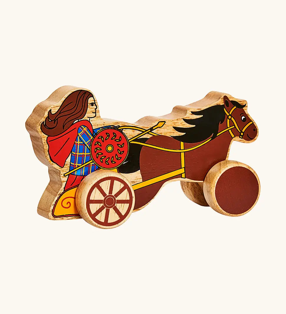 Lanka Kade chunky wooden Boudicca with shield and staff on a chariot push along toy