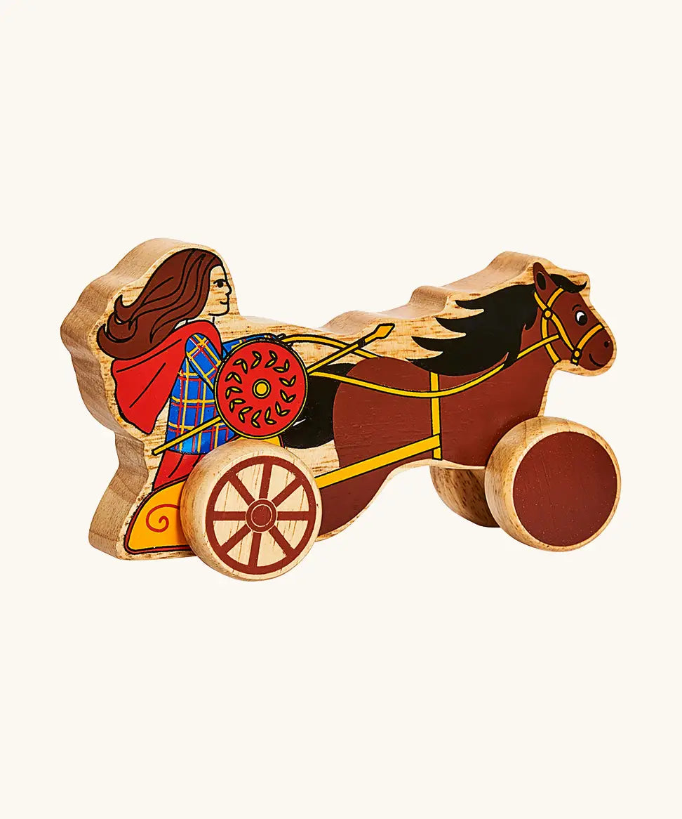 Lanka Kade chunky wooden Boudicca with shield and staff on a chariot push along toy