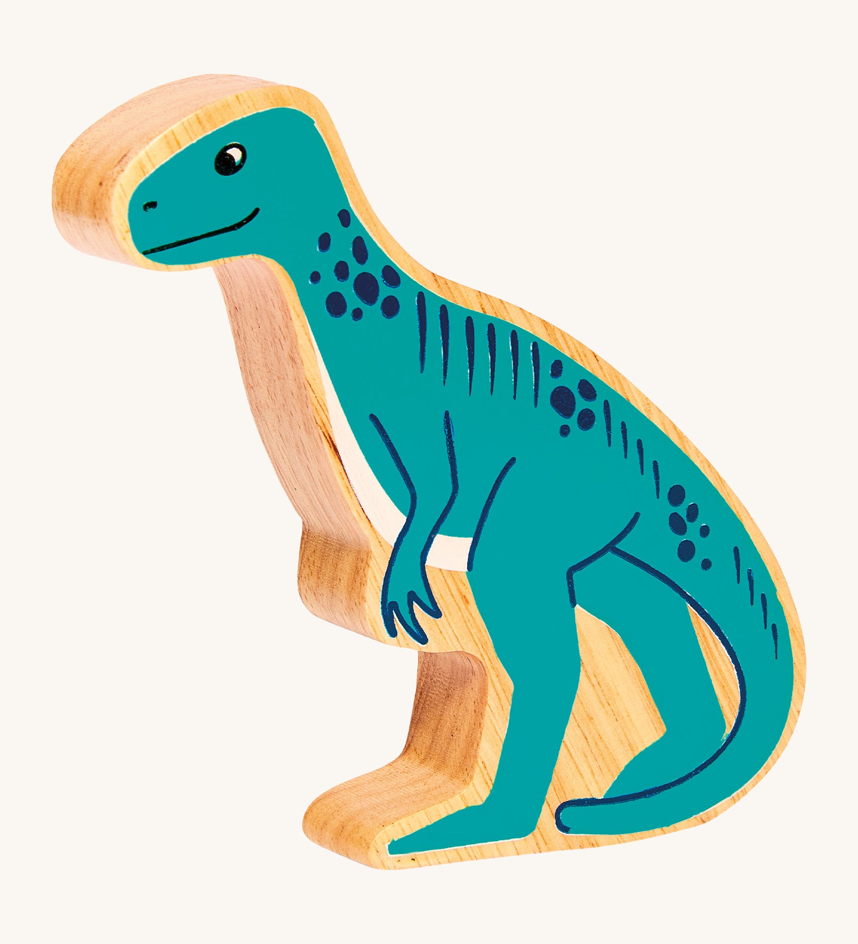 A chunky wooden Lanka Kade Green Eotyrannus dinosaur figure available at Babipur.