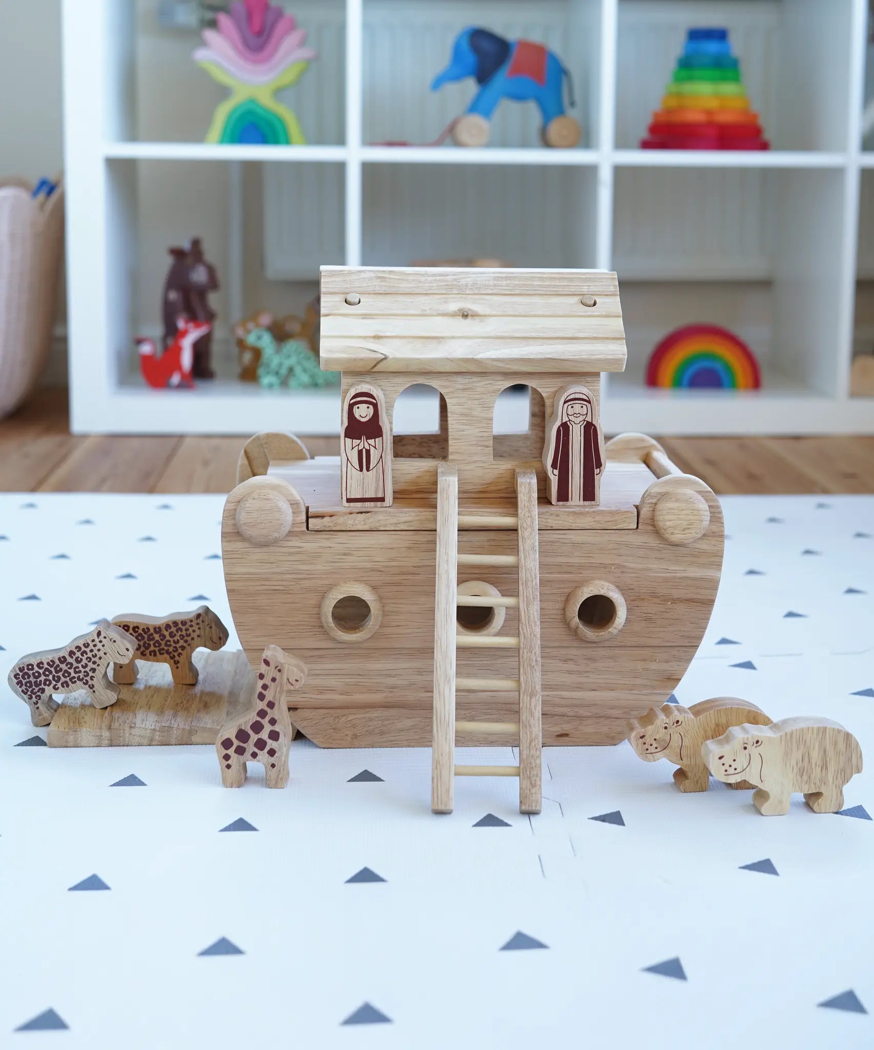 Lanka Kade Junior Wooden Noah's Ark with 18 natural figures, Noah and his wife and 8 pairs of animals.