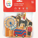 Lanka Kade London 8 piece play set available at Babipur. Chunky wooden figures inspired from people and attractions in London. Play set comes in a netted bag