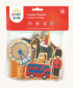 Lanka Kade London 8 piece play set available at Babipur. Chunky wooden figures inspired from people and attractions in London. Play set comes in a netted bag
