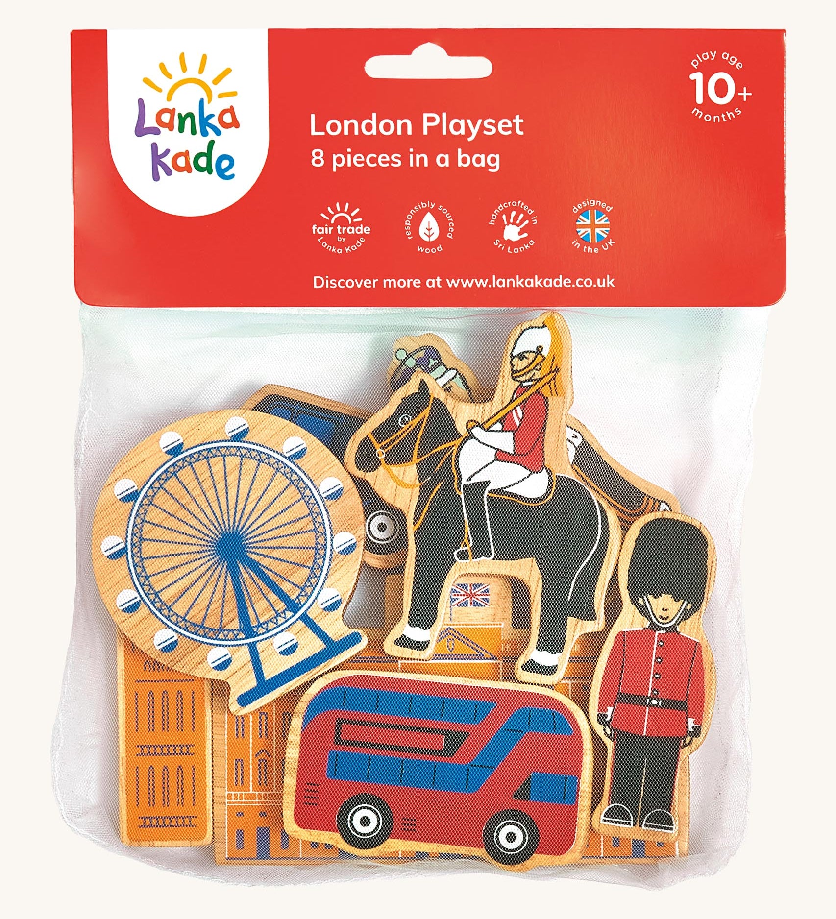 Lanka Kade London 8 piece play set available at Babipur. Chunky wooden figures inspired from people and attractions in London. Play set comes in a netted bag
