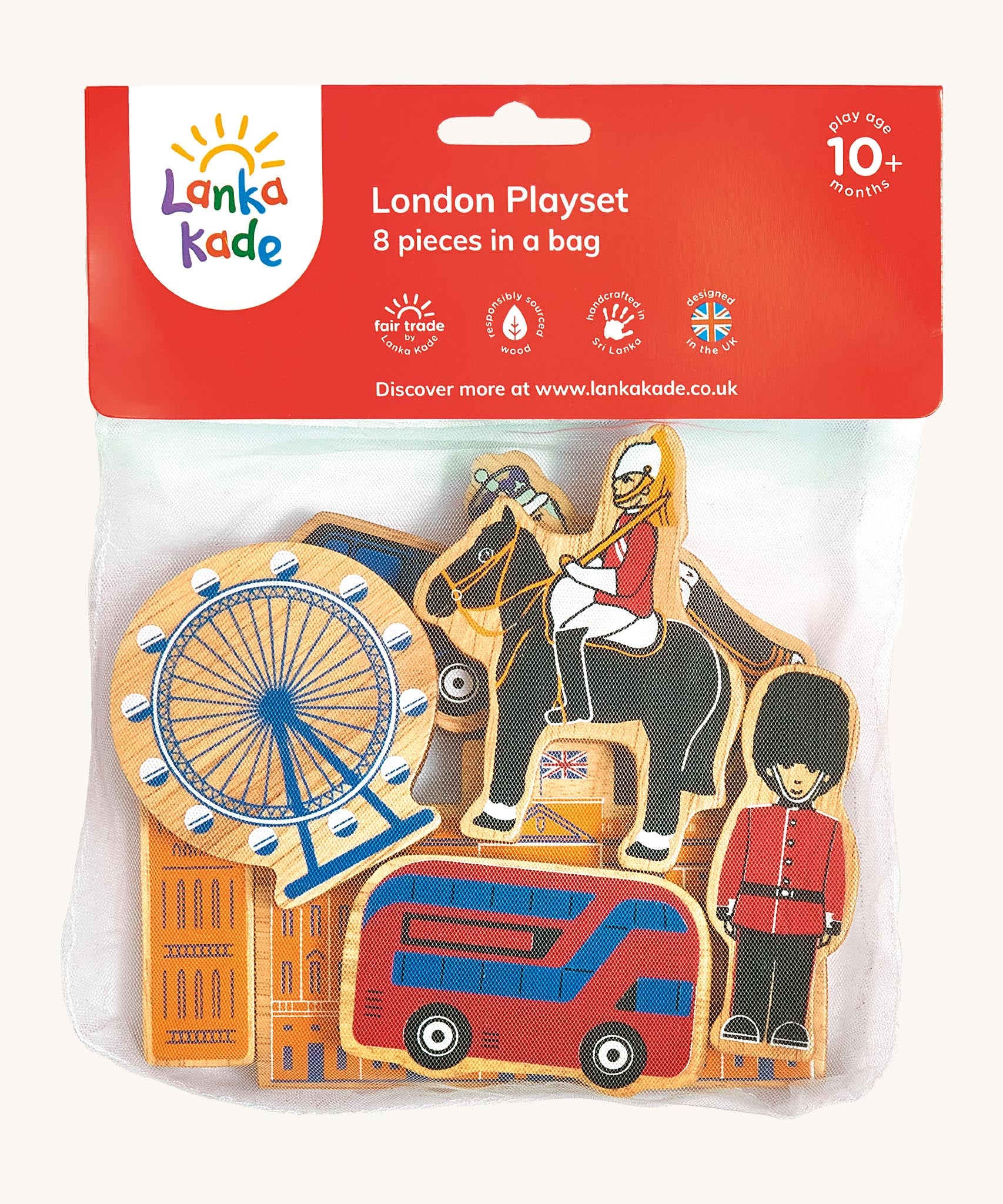 Lanka Kade London 8 piece play set available at Babipur. Chunky wooden figures inspired from people and attractions in London. Play set comes in a netted bag