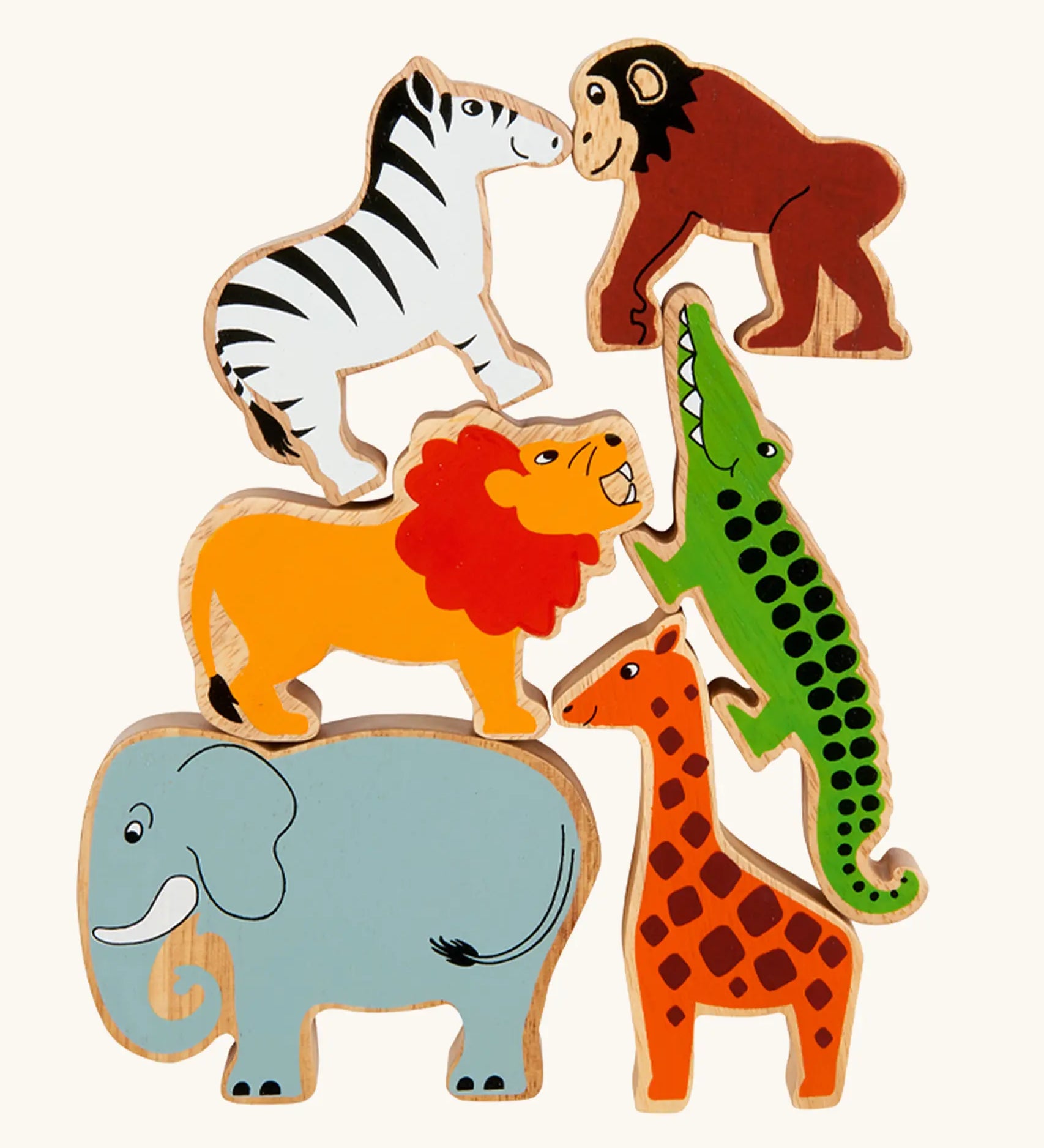 Lanka Kade World Animals wooden playset, a set of colourful wooden animal pieces featuring a zebra, monkey, lion, crocodile, elephant, and giraffe, arranged on a light cream background.
