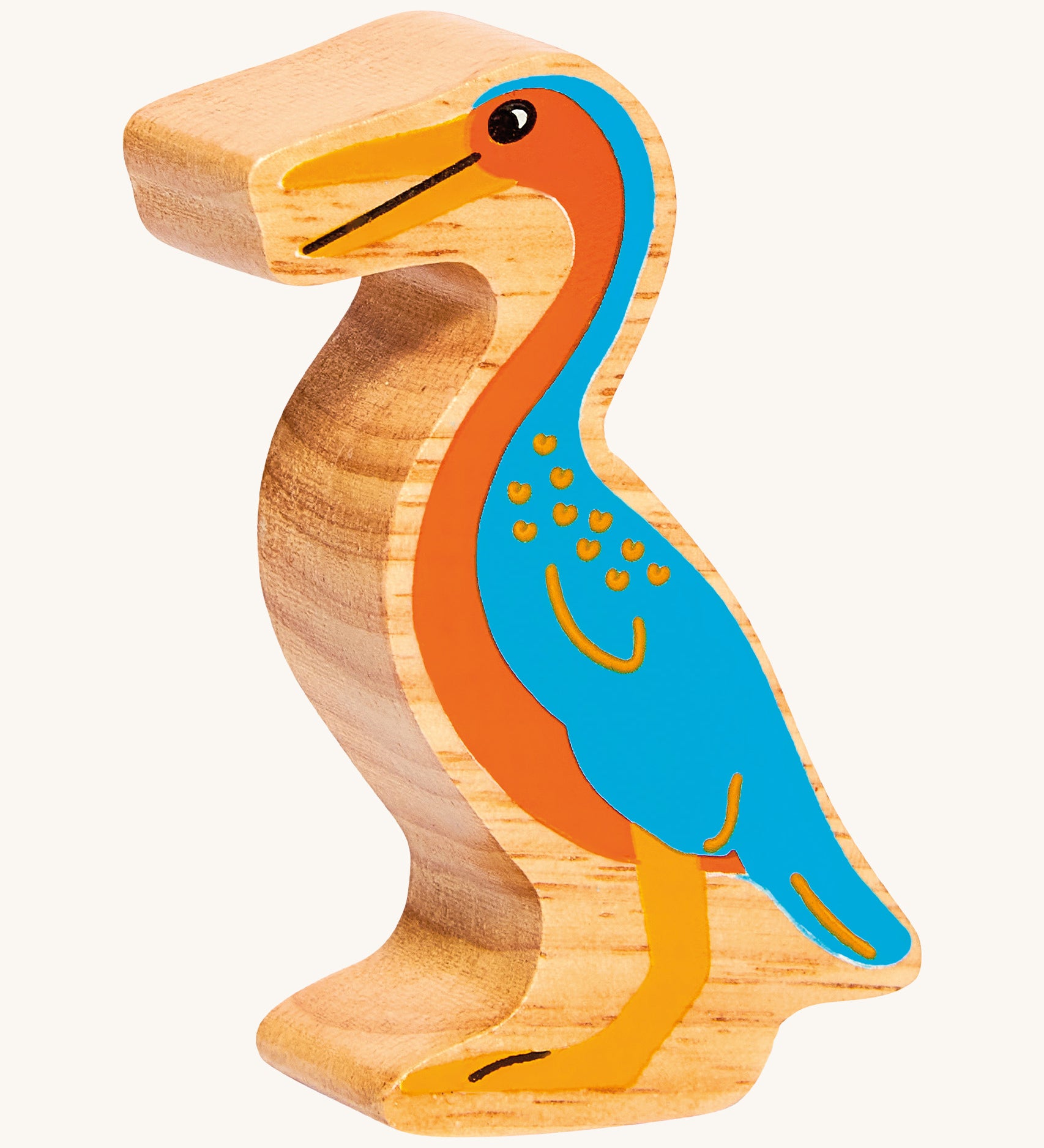 A chunky wooden Lanka Kade orange blue Hesperornis dinosaur figure available at Babipur.