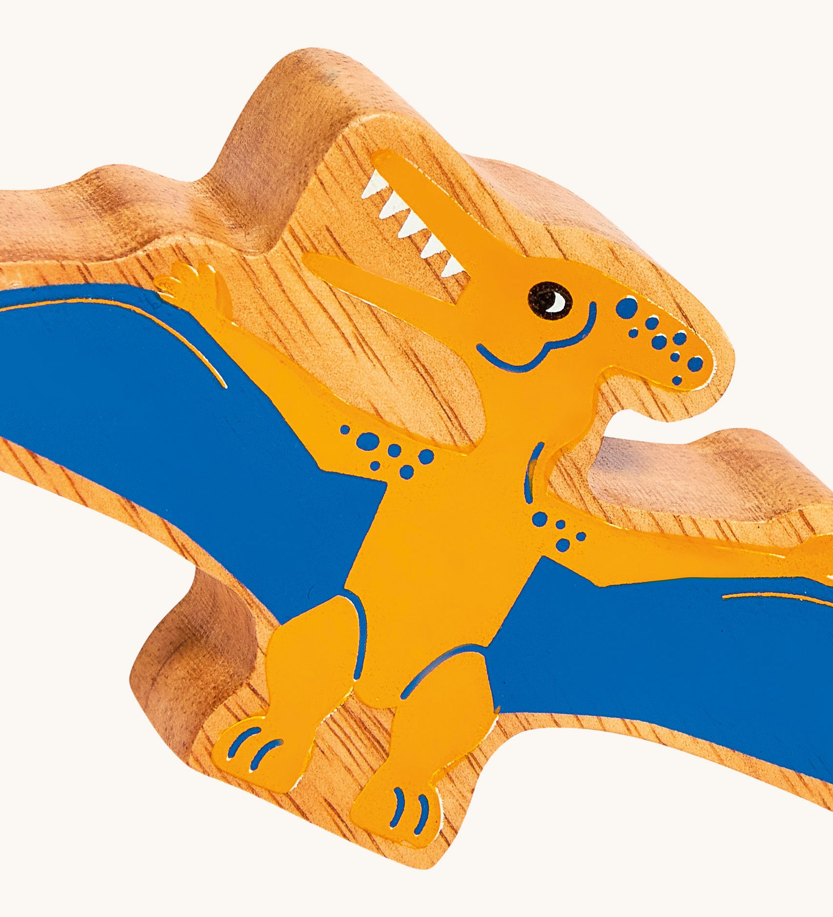 A close up of the chunky wooden Lanka Kade Pteradon dinosaur figure available at Babipur. 