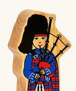 Lanka Kade wooden Scottish bagpiper figure toy showing close up of painted facial and outfit detail