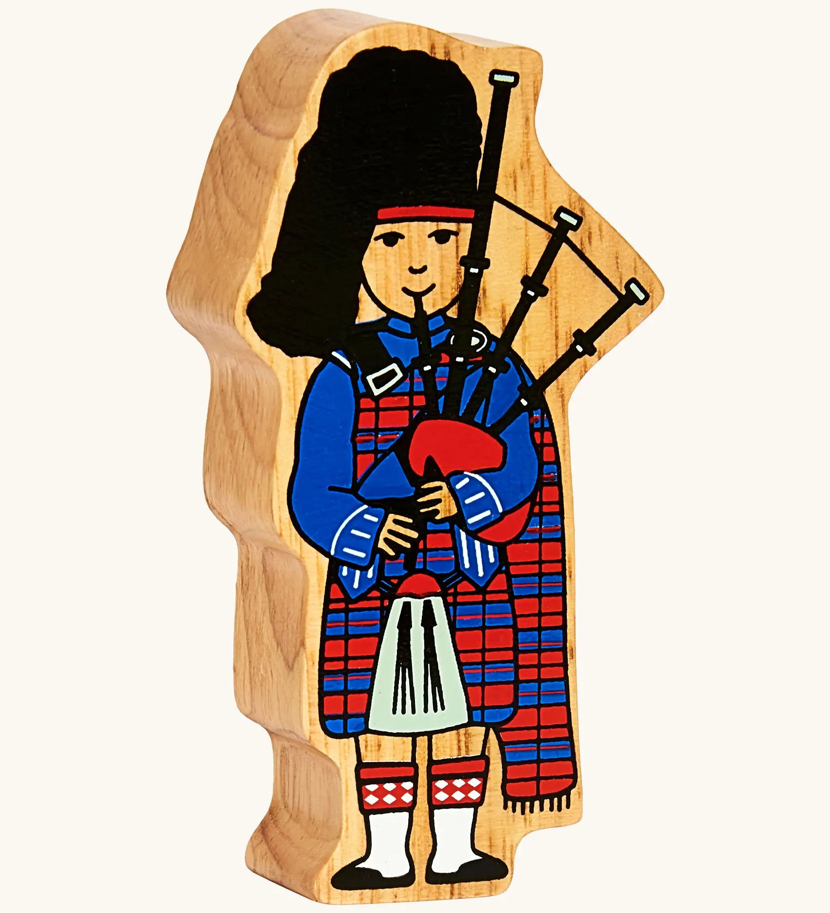 Lanka Kade wooden Scottish bagpiper figure toy wearing a traditional tartan outfit