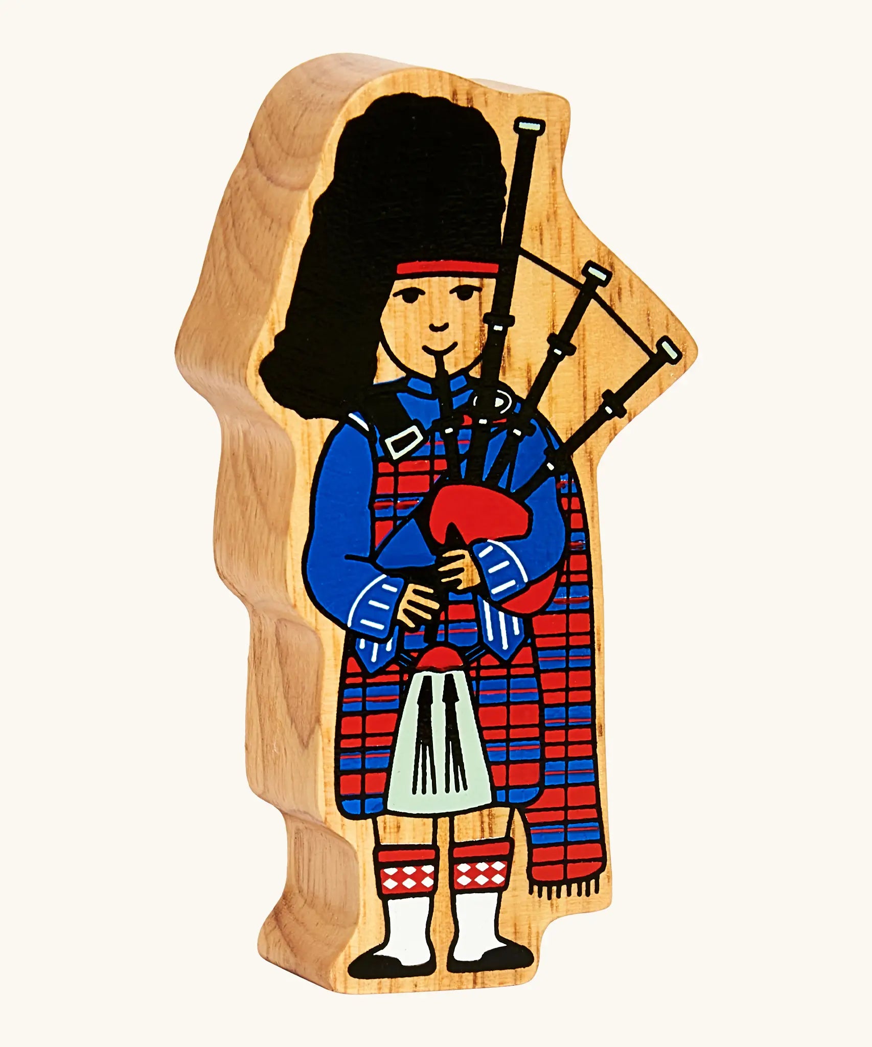 Lanka Kade wooden Scottish bagpiper figure toy wearing a traditional tartan outfit