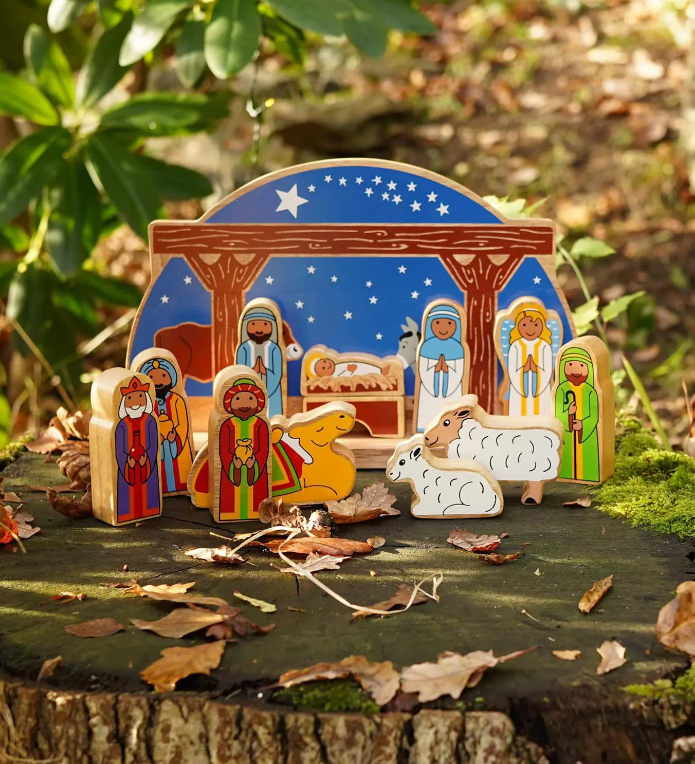 Lanka Kade Starry Night Nativity, a set of wooden toy figures featuring Mary, Joseph, Jesus, Angel, Manger, Three Wise Men, sheep and camel.
