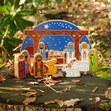 Lanka Kade Starry Night Nativity, a set of wooden toy figures featuring Mary, Joseph, Jesus, Angel, Manger, Three Wise Men, sheep and camel.