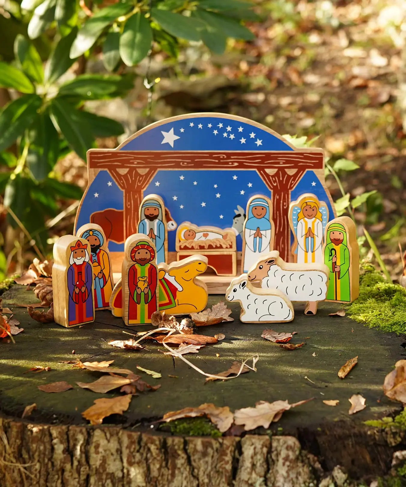 Lanka Kade Starry Night Nativity, a set of wooden toy figures featuring Mary, Joseph, Jesus, Angel, Manger, Three Wise Men, sheep and camel.