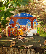 Lanka Kade Starry Night Nativity, a set of wooden toy figures featuring Mary, Joseph, Jesus, Angel, Manger, Three Wise Men, sheep and camel.