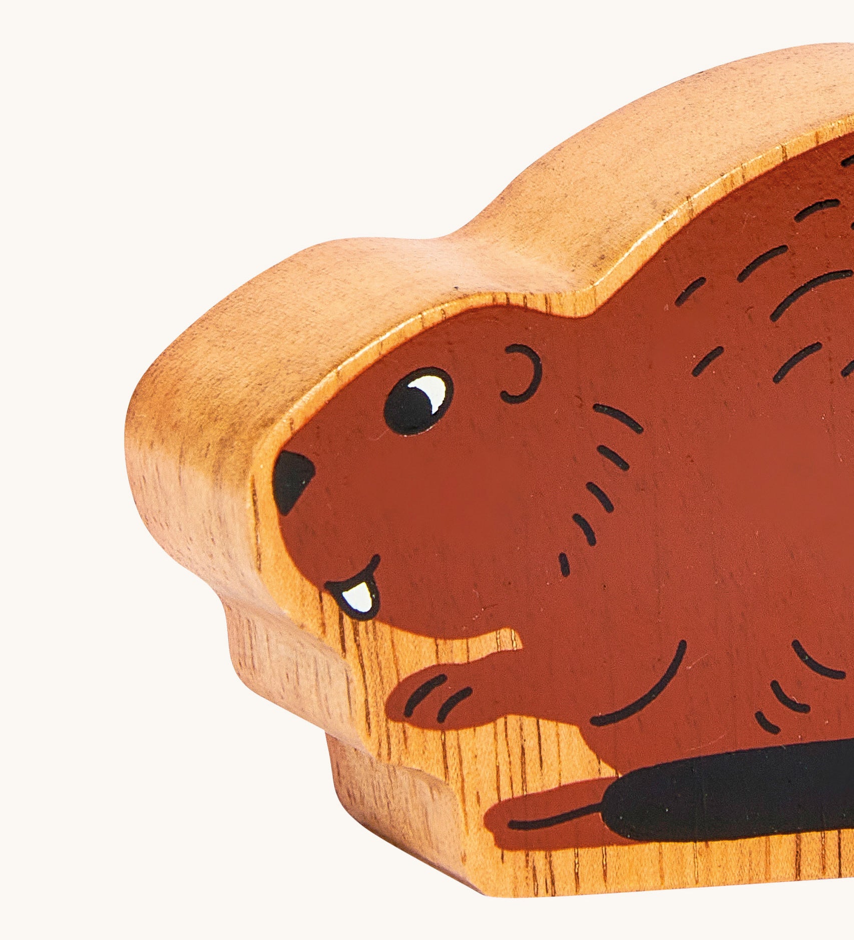 A close up of the chunky wooden Lanka Kade brown beaver animal figure available at Babipur.