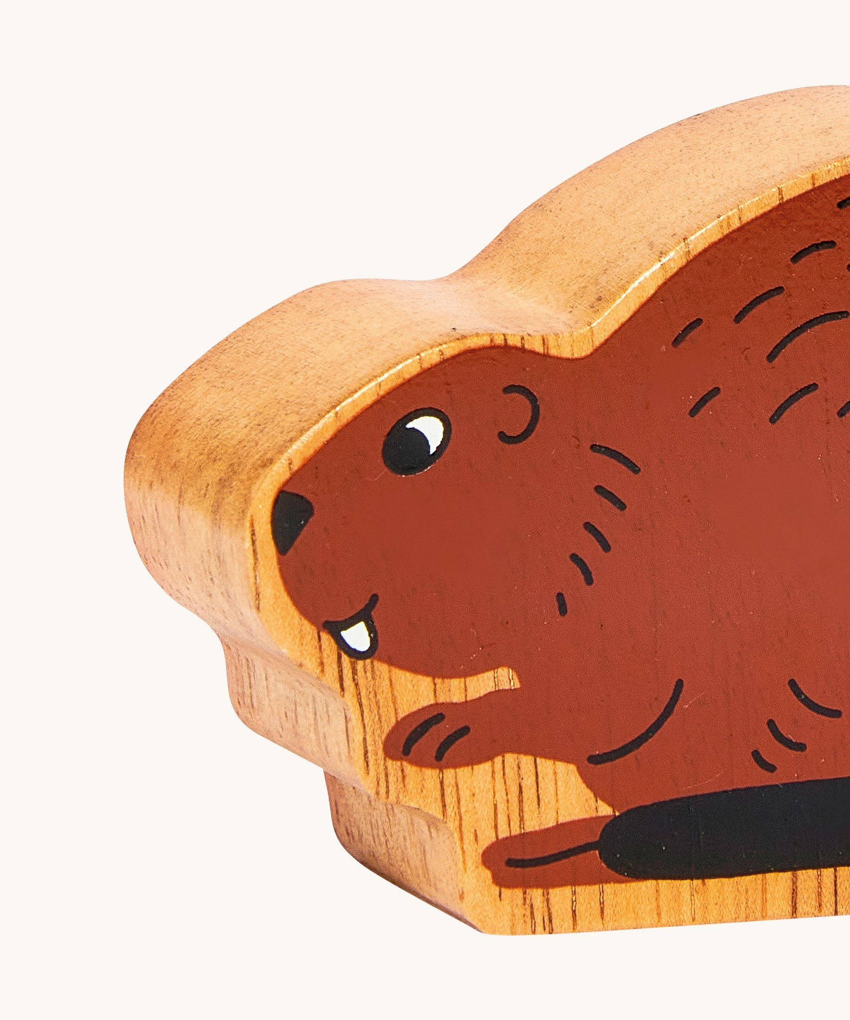 A close up of the chunky wooden Lanka Kade brown beaver animal figure available at Babipur.