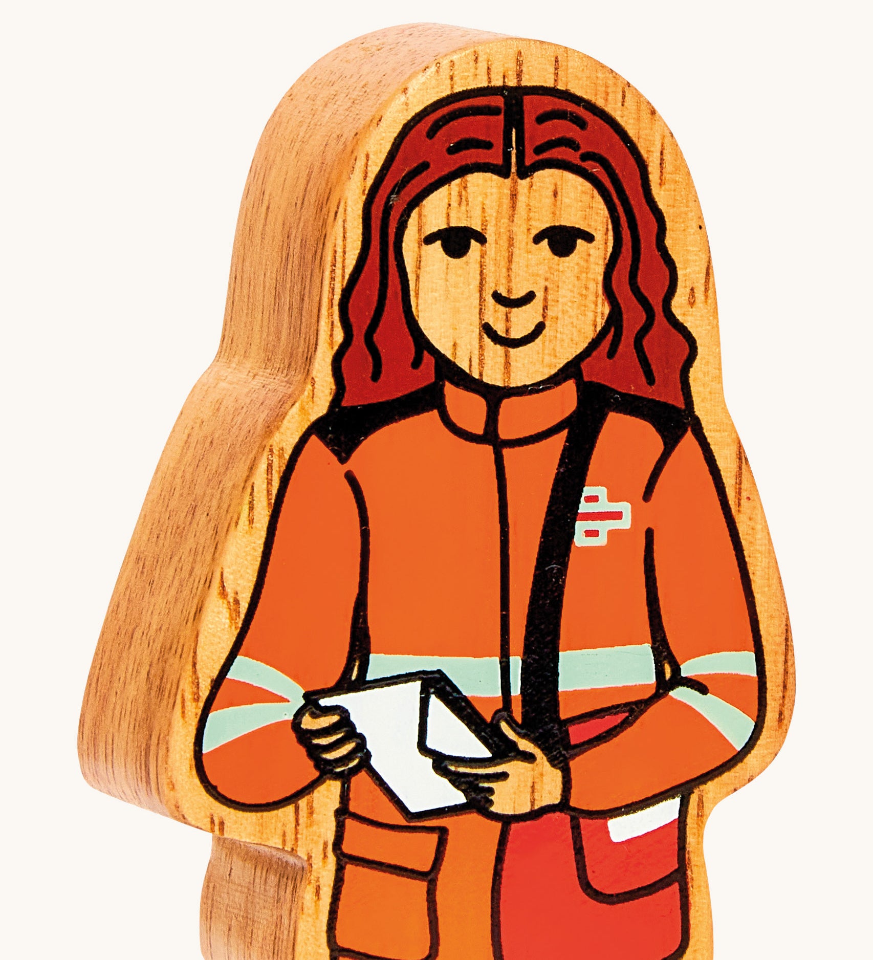 A close up of the chunky wooden Lanka Kade black and orange delivery woman figure available at Babipur.