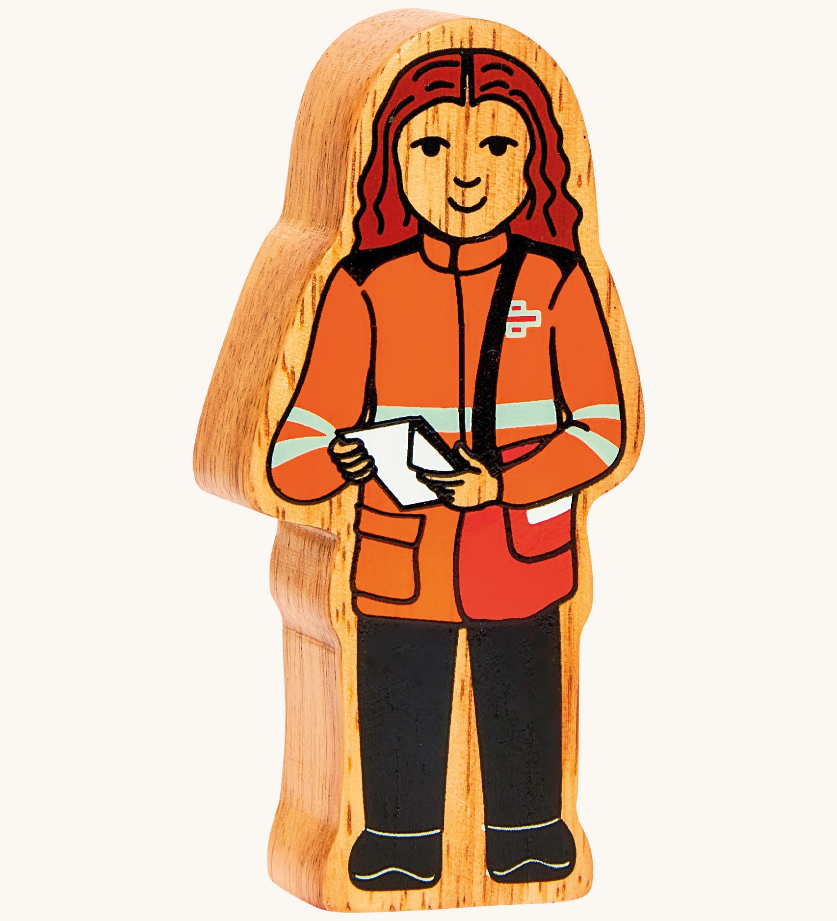 Chunky wooden Lanka Kade black and orange delivery woman figure available at Babipur.