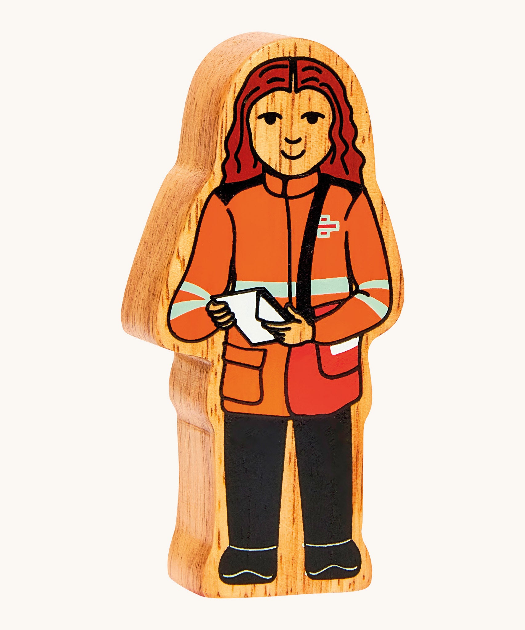 Chunky wooden Lanka Kade black and orange delivery woman figure available at Babipur.