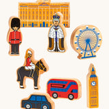 Lanka Kade London 8 piece play set available at Babipur. Chunky wooden figures inspired from people and attractions in London including Big Ben and Buckingham Palace