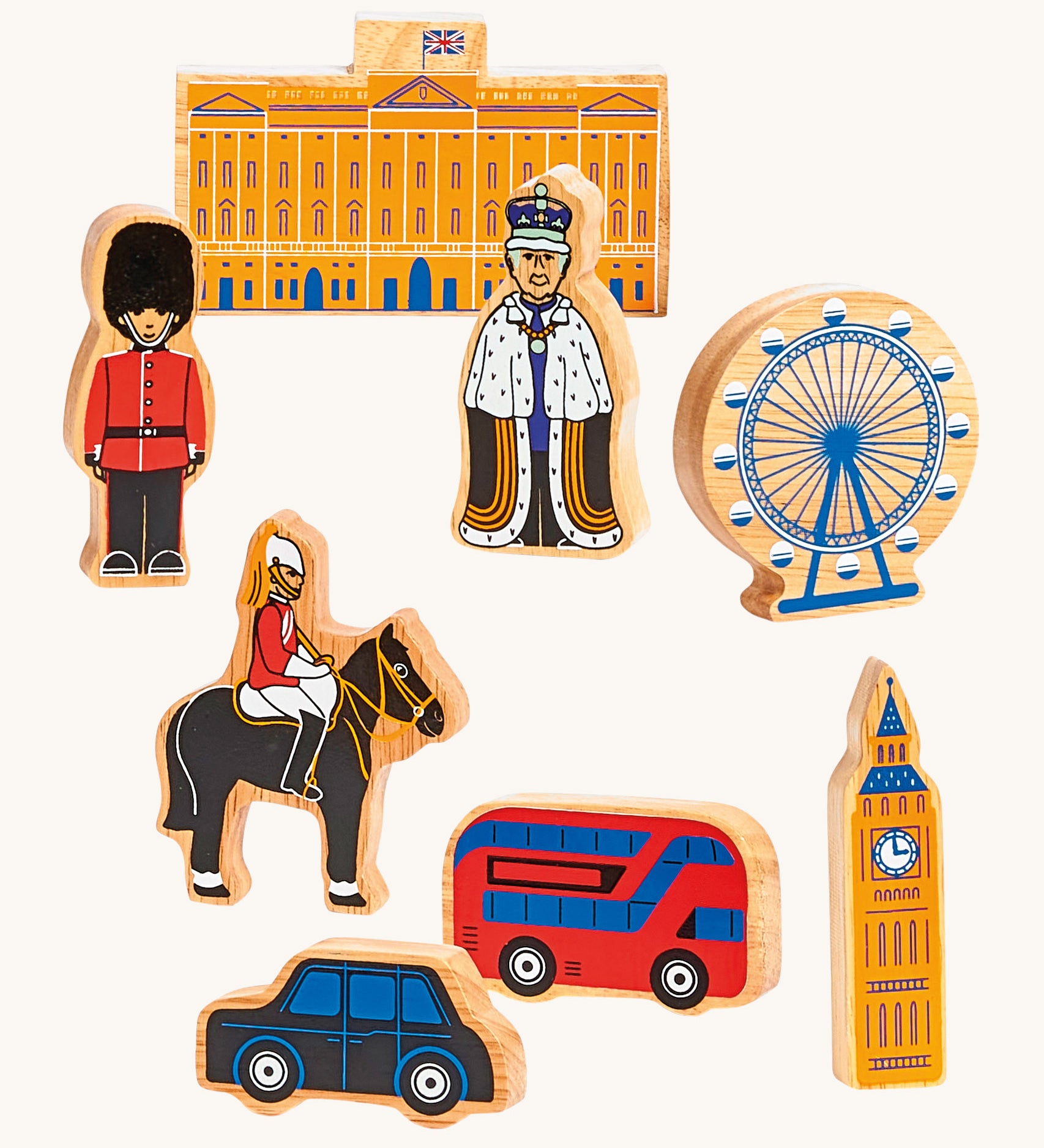 Lanka Kade London 8 piece play set available at Babipur. Chunky wooden figures inspired from people and attractions in London including Big Ben and Buckingham Palace