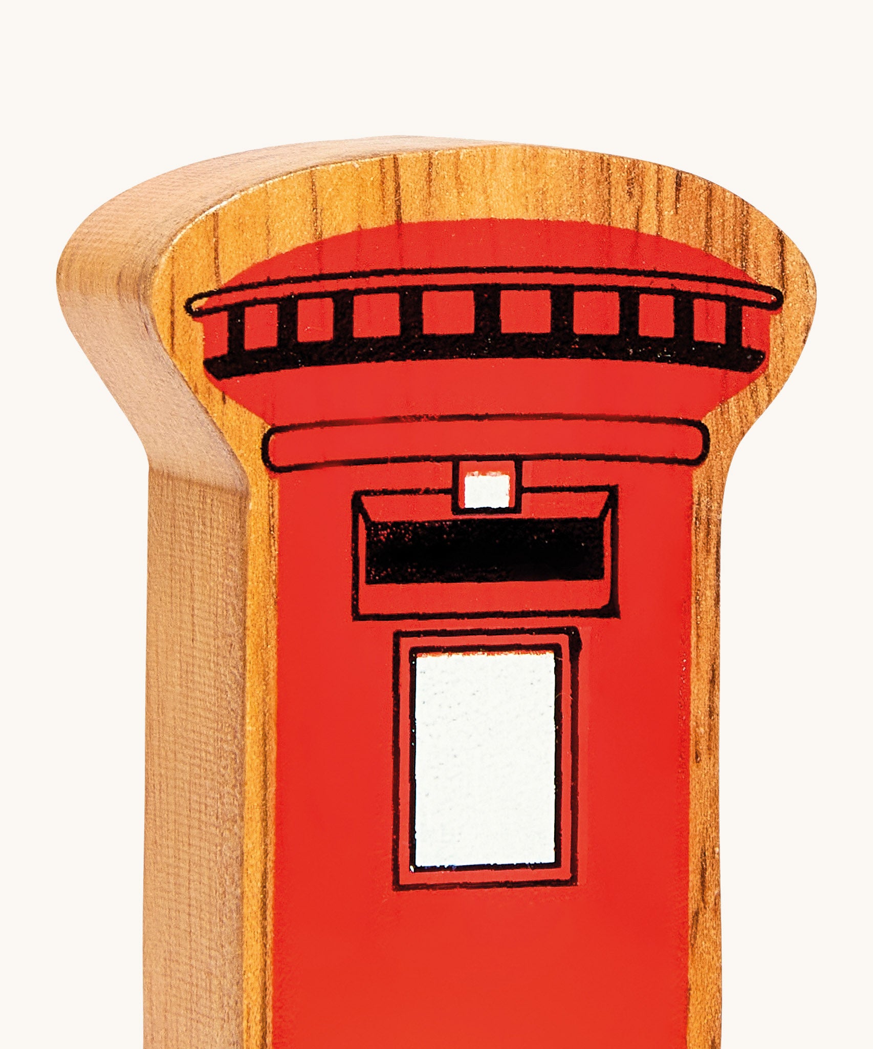 A close up of the chunky wooden Lanka Kade red post box figure available at Babipur.