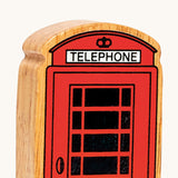 A close up of the chunky wooden Lanka Kade red telephone box figure available at Babipur.