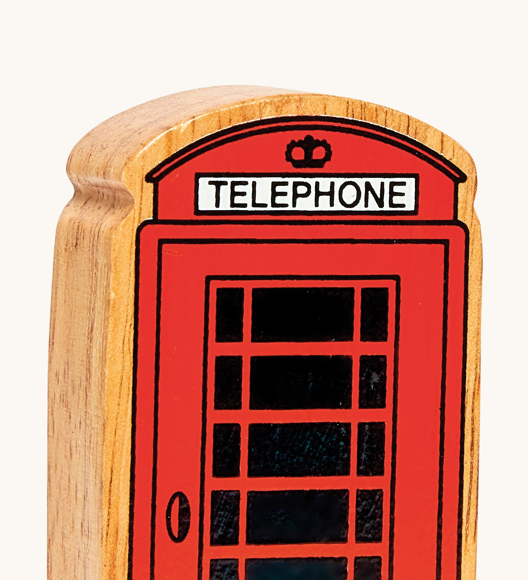 A close up of the chunky wooden Lanka Kade red telephone box figure available at Babipur.