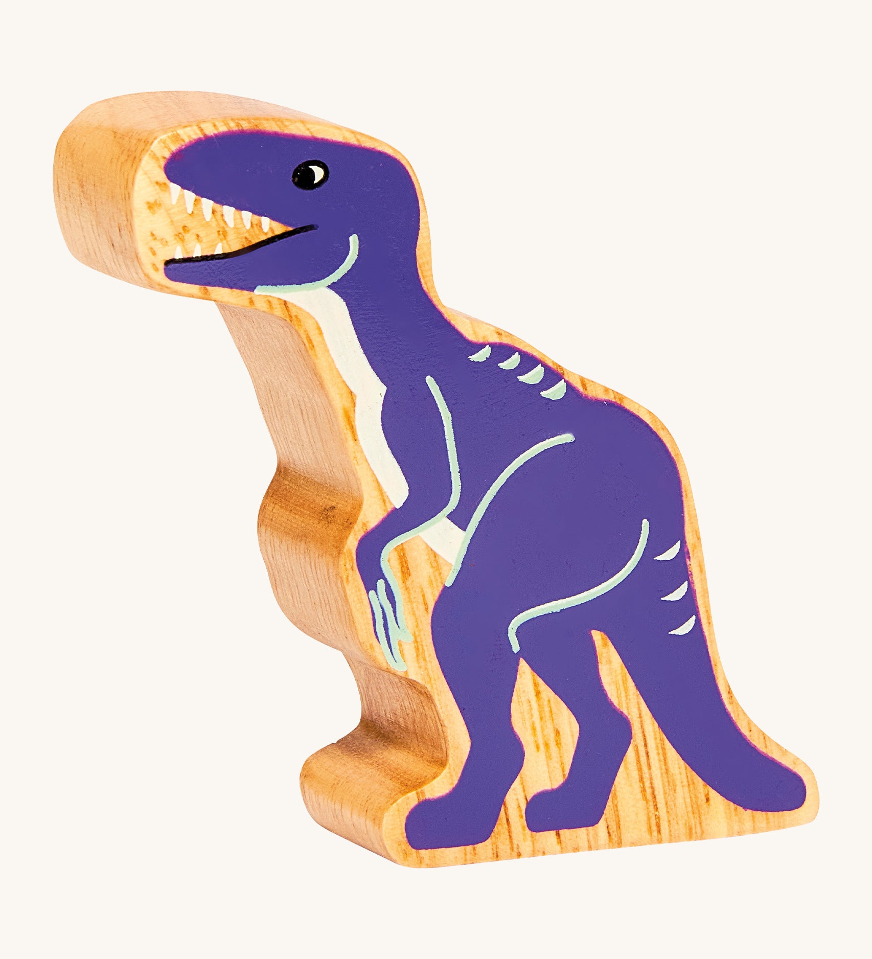 A chunky wooden Lanka Kade purple velociraptor dinosaur figure available at Babipur. 
