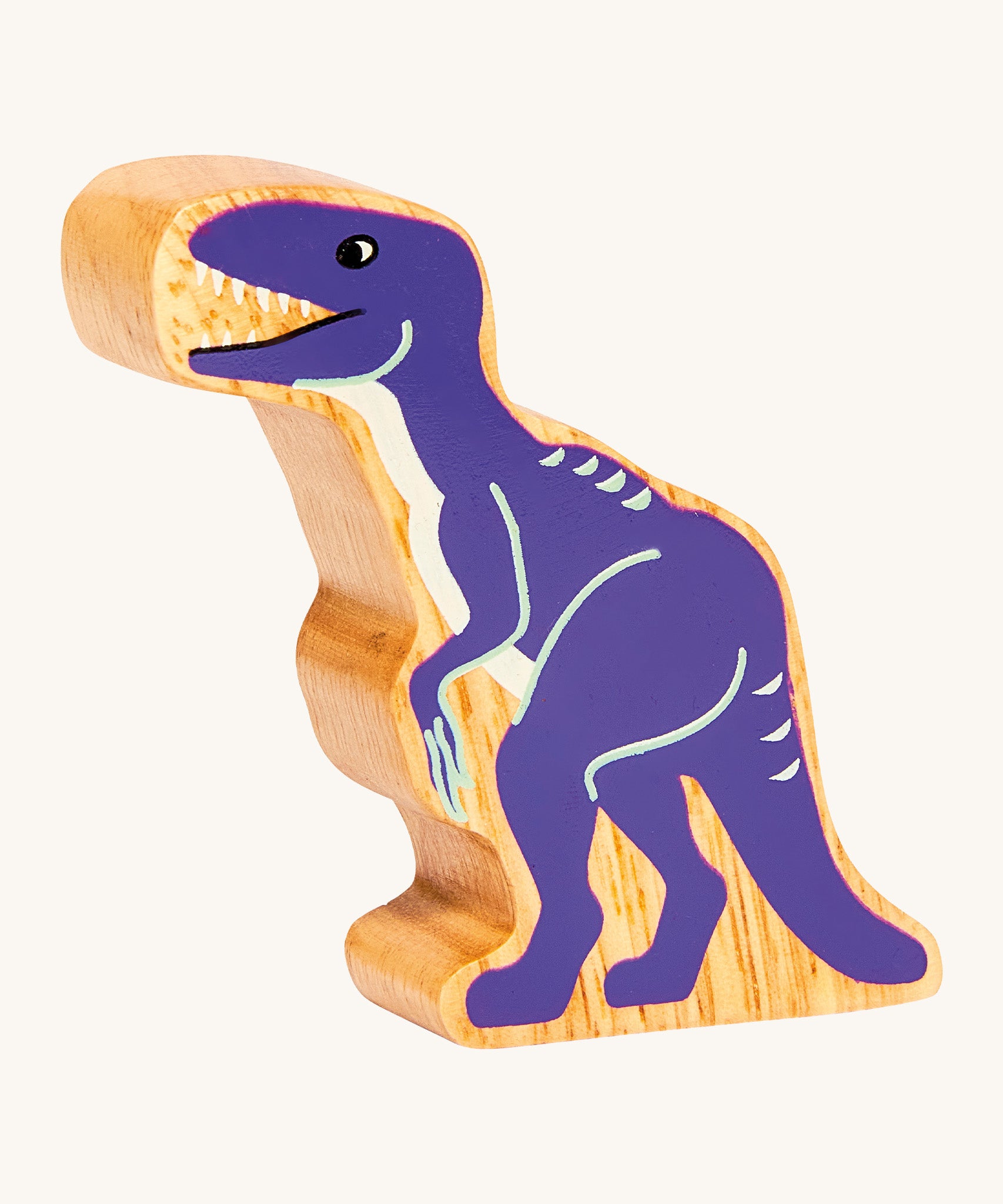 A chunky wooden Lanka Kade purple velociraptor dinosaur figure available at Babipur. 