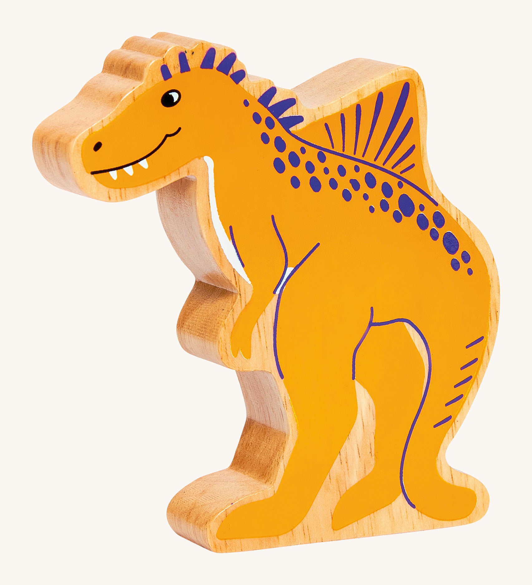 A chunky wooden Lanka Kade yellow Becklespinax dinosaur figure available at Babipur.