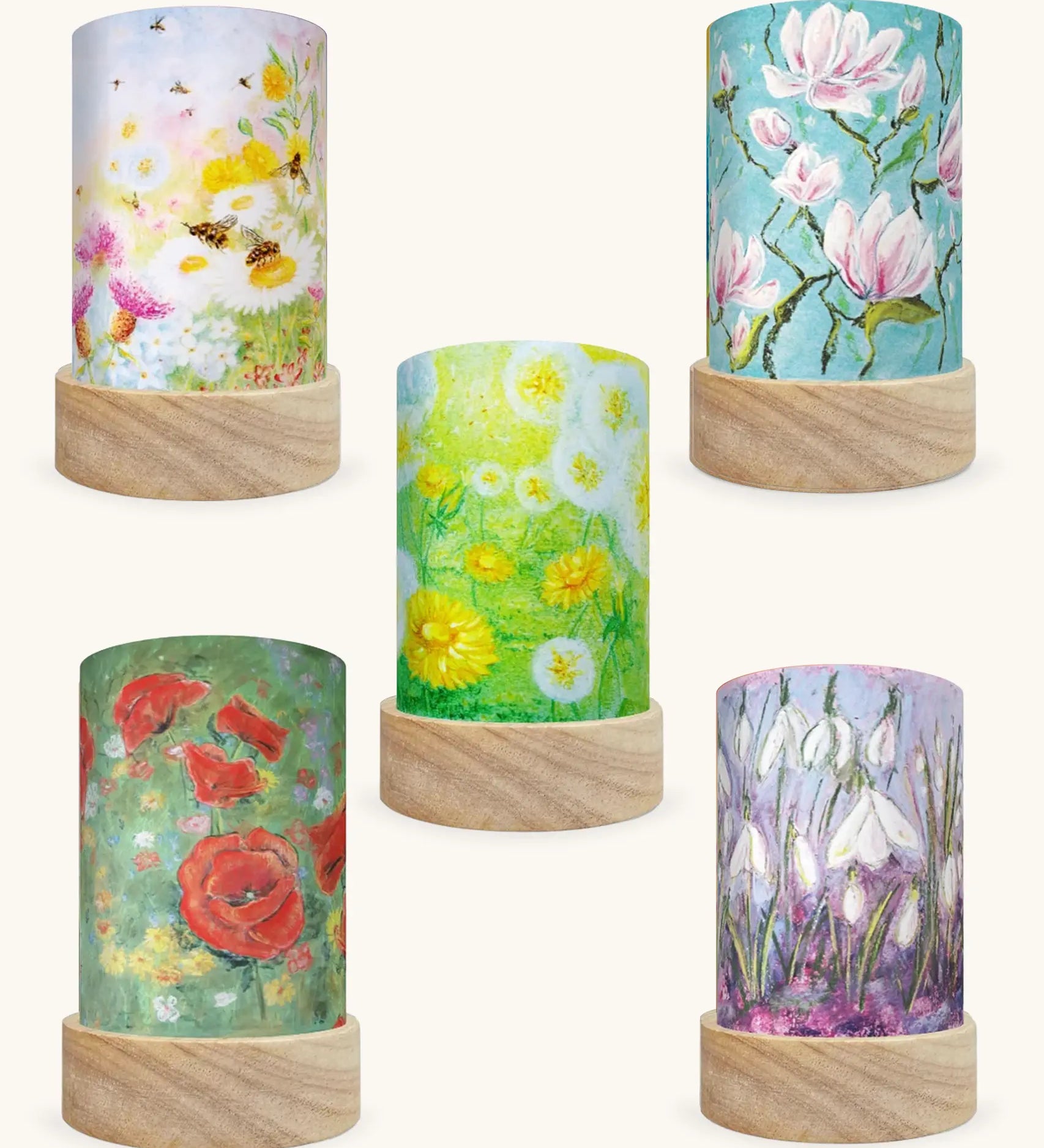 Toverlux Kapitein Kalk flowers artwork lantern shades in a pack of 5.  Poppies, snowdrop, field of wishes, magnolia and bee pastures. 