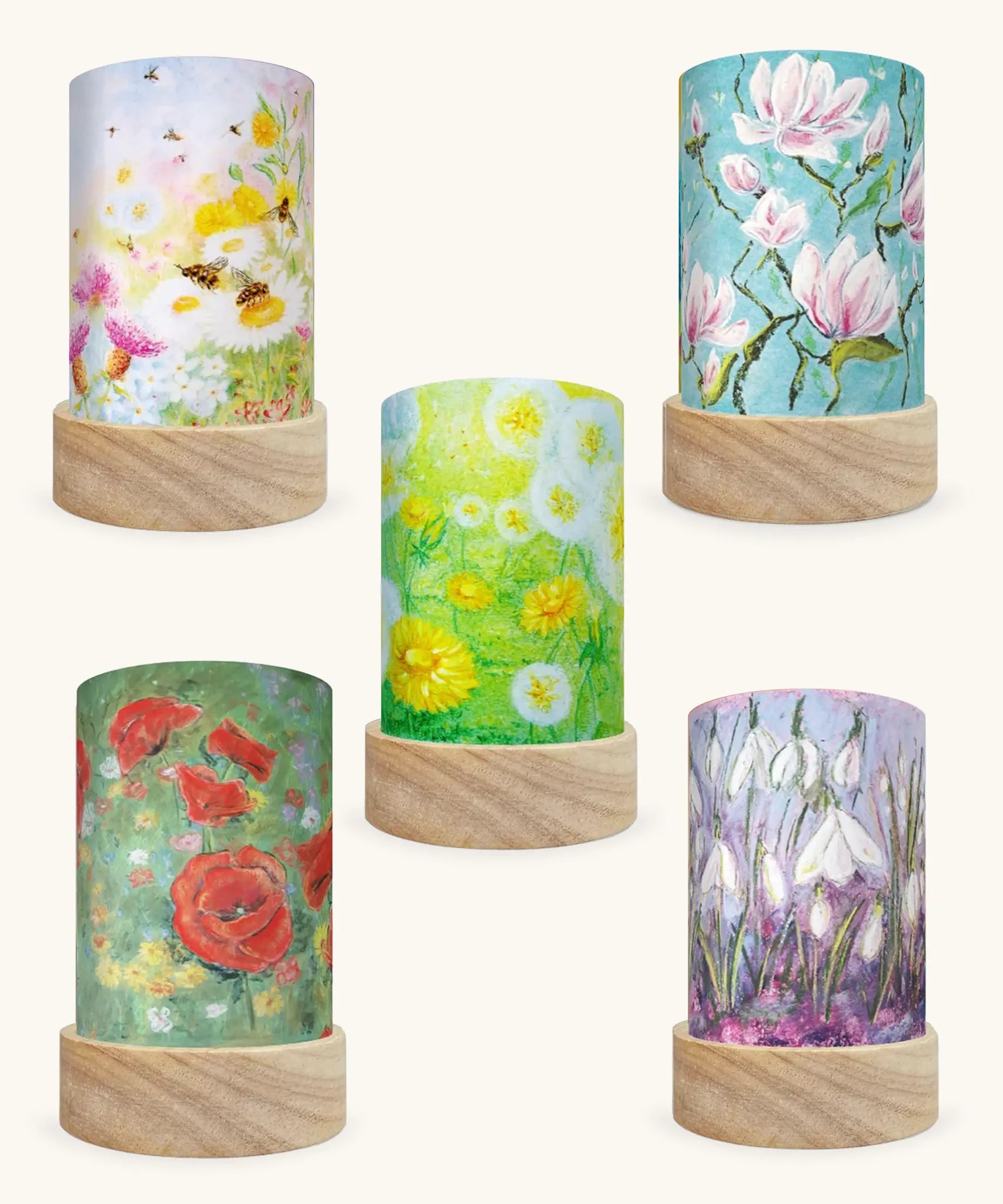 Toverlux Kapitein Kalk flowers artwork lantern shades in a pack of 5.  Poppies, snowdrop, field of wishes, magnolia and bee pastures. 