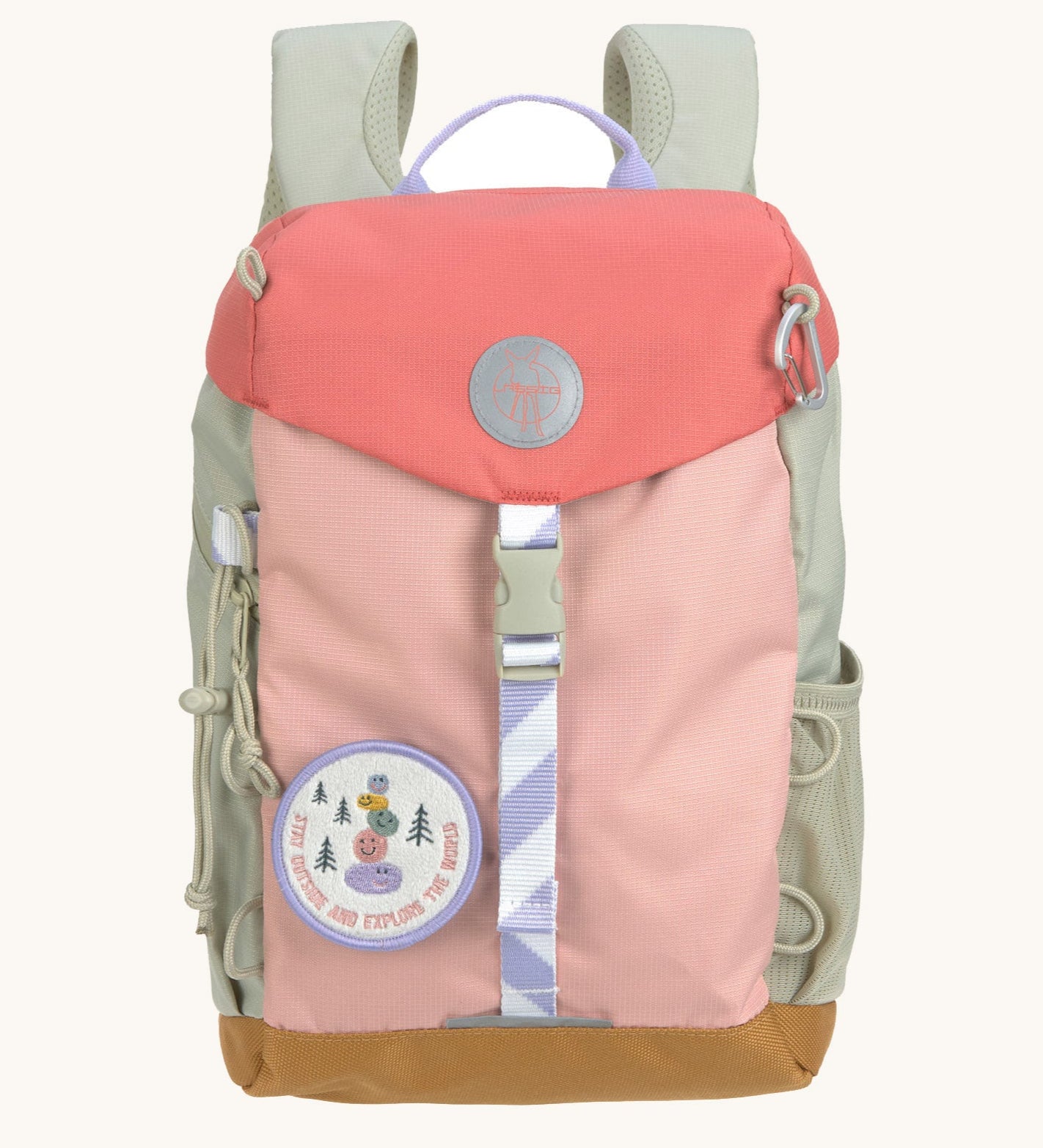 Lassig kids mini outdoor backpack in sunny explorer pink available at Babipur. Features a buckle fastener, padded shoulder pads and a cute playful patch on the front.