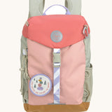 Lassig kids mini outdoor backpack in sunny explorer pink available at Babipur. Features a buckle fastener, padded shoulder pads and a cute playful patch on the front.