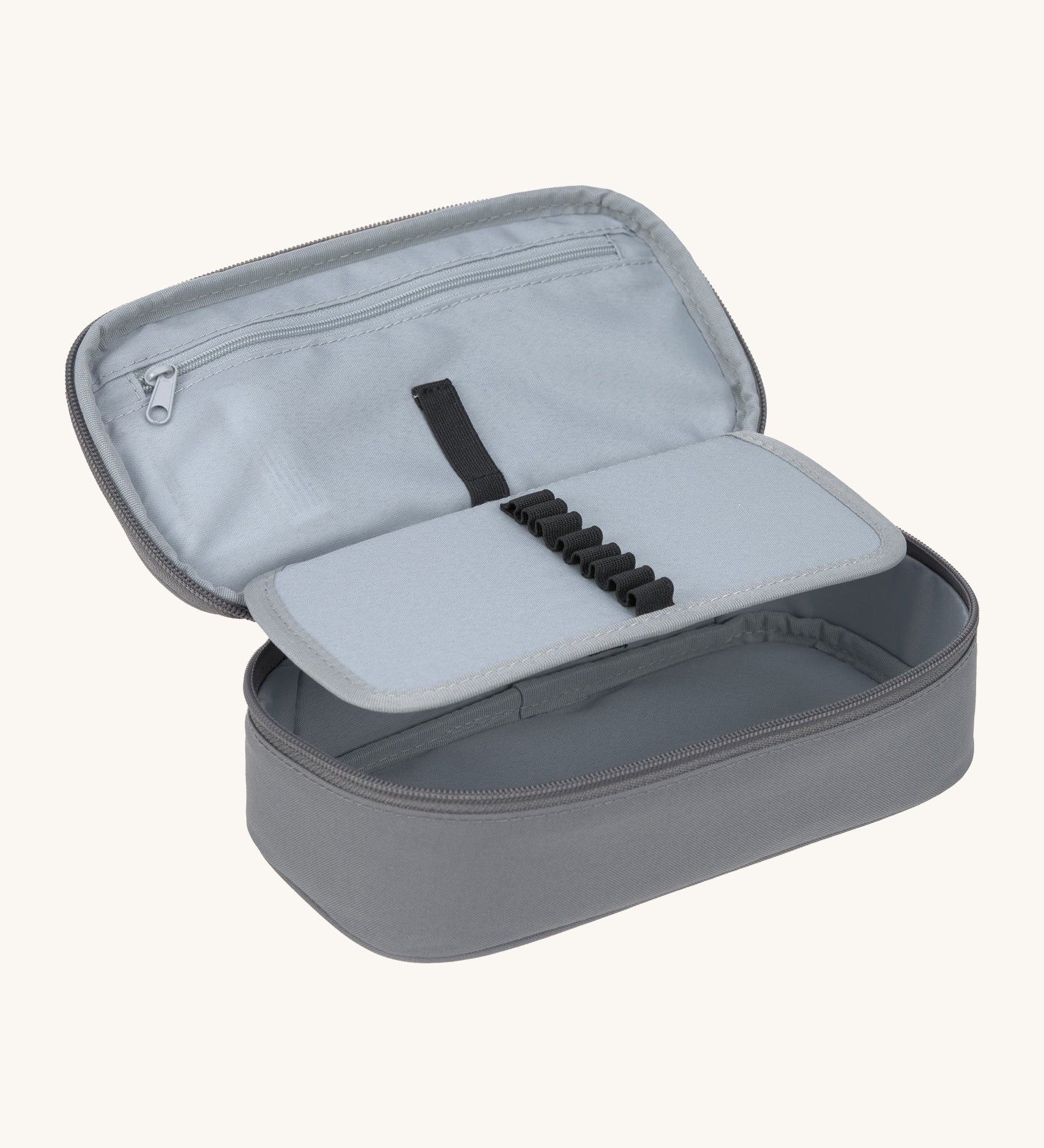 A open Lassig kids spacy school pencil case in bold anthracite showing the small elastic loops to hold stationary and a secondary zipped compartment.