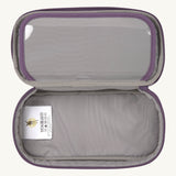A open Lassig kids spacy school pencil case in purple showing the spacious main compartment. 