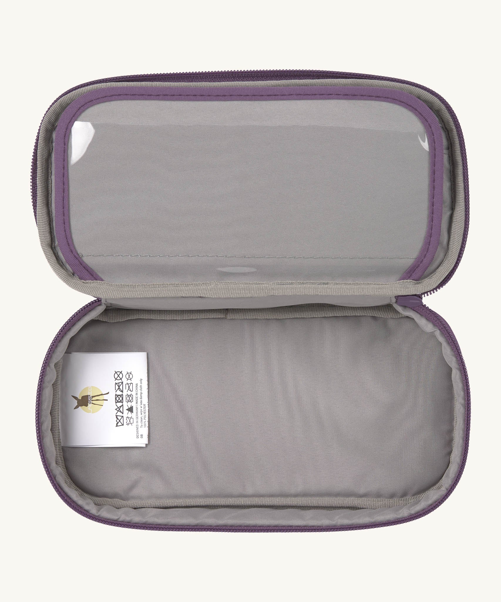 A open Lassig kids spacy school pencil case in purple showing the spacious main compartment. 