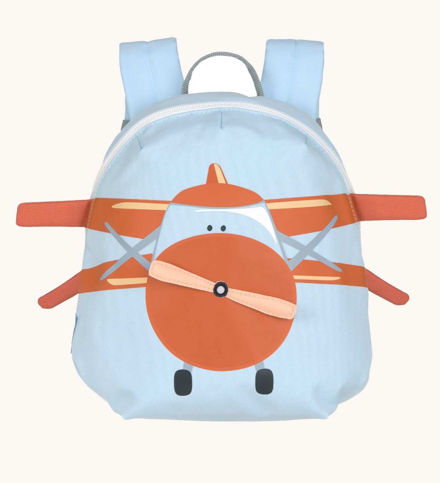 Lassig kids tiny backpack in aeroplane design available at Babipur. A light blue backpack with a playful red aeroplane design with extended wing on the front panel.
