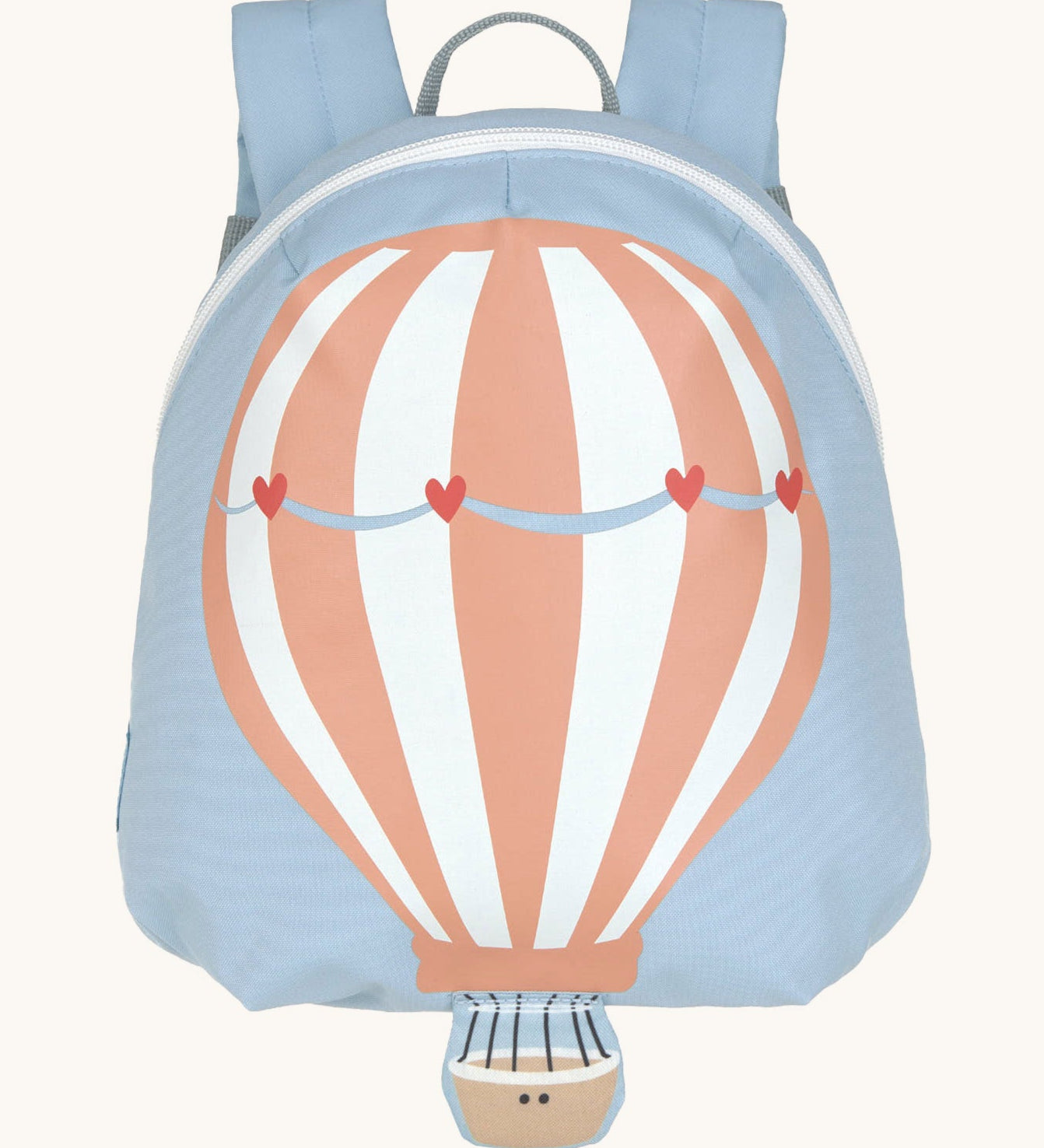 Lassig kids tiny backpack in balloon design available at Babipur. A pale blue backpack with a playful pastel balloon design on the front panel with a extended bucket on the bottom