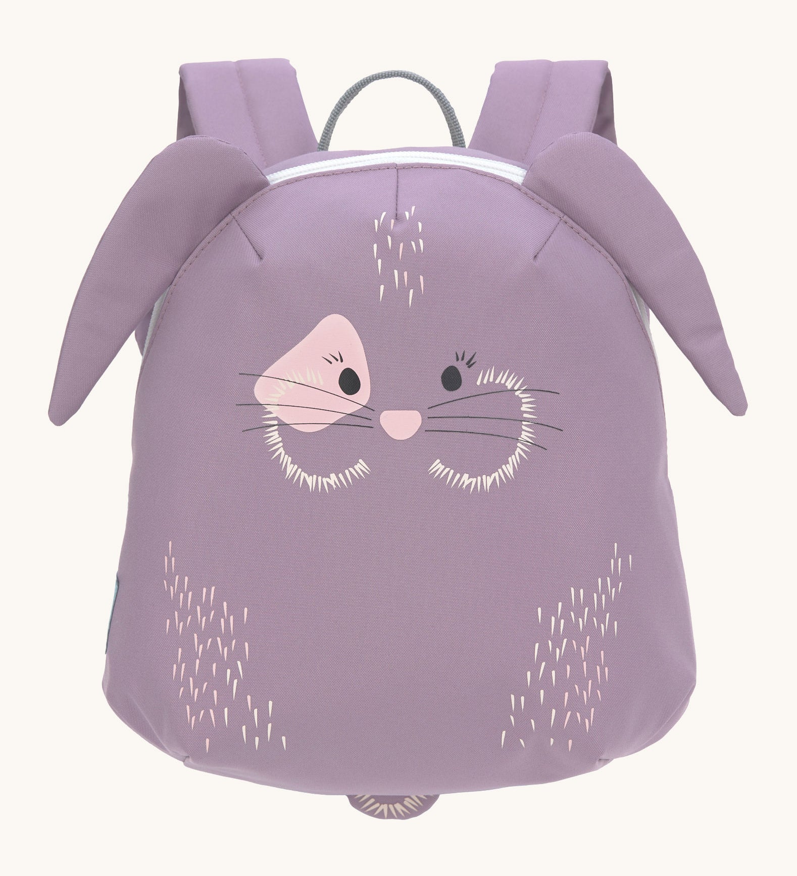 Lassig kids tiny bunny backpack available at Babipur. A pale purple backpack with a cute playful bunny design with extended ears and tail on the front panel.