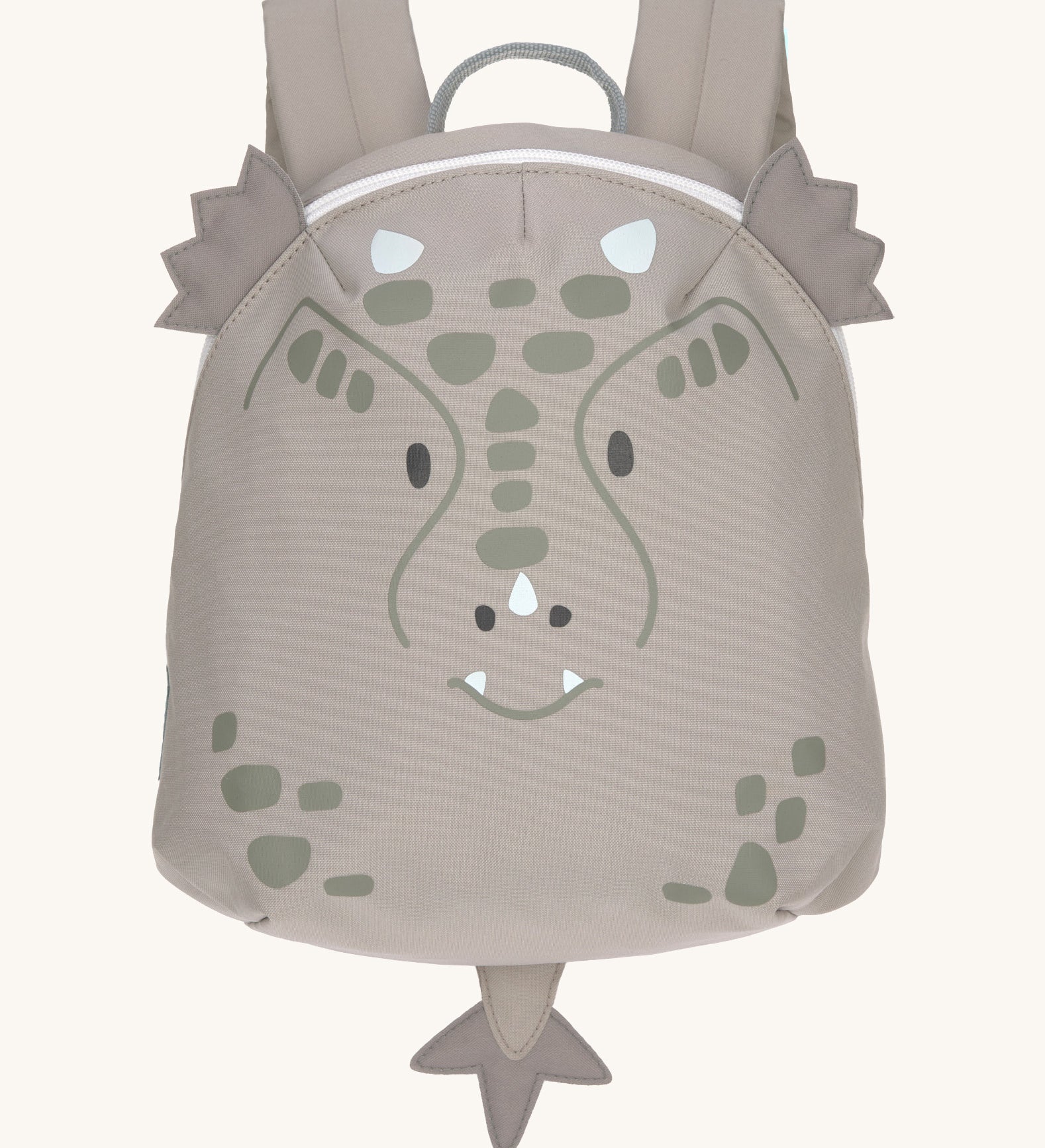 Lassig kids tiny dragon backpack available at Babipur. A pale grey backpack with a cute playful dragon design with extended ears and tail on the front panel.