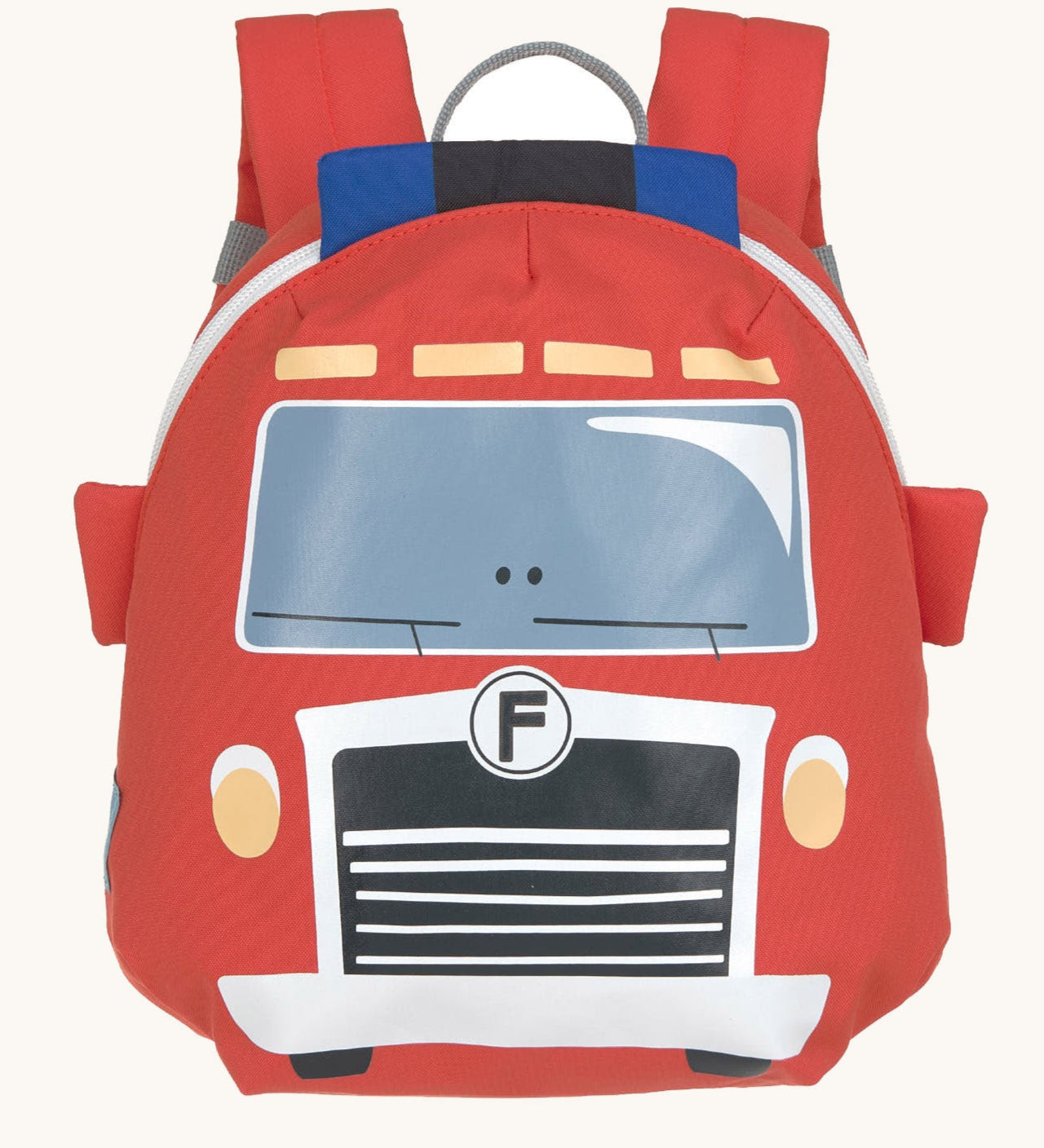 Lassig kids tiny backpack in fire engine design available at Babipur. A red backpack with a playful fire engine character design on the front panel.