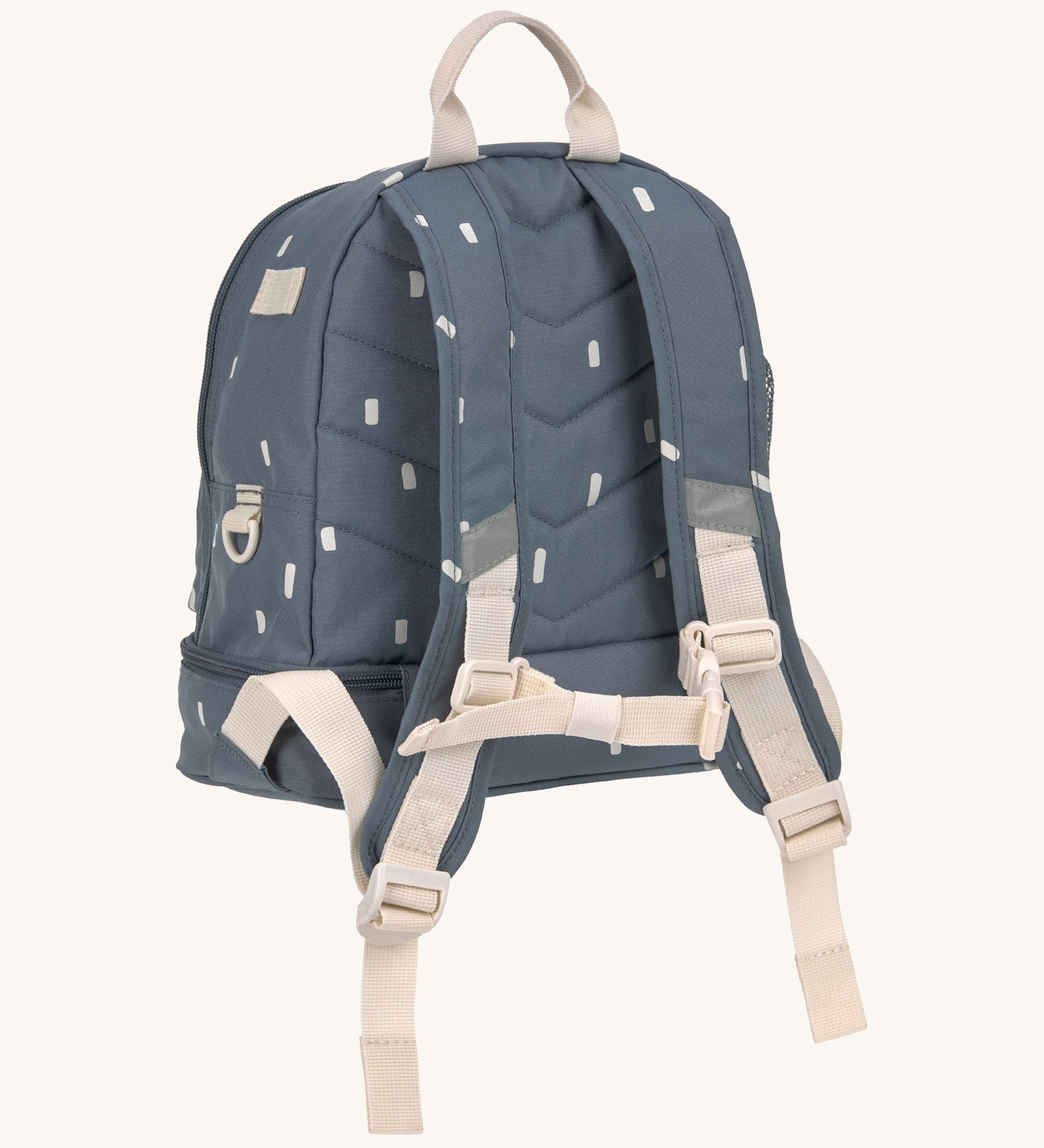 The back of the Lassig kids mini midnight blue happy prints backpack showing the padded shoulder straps and chest strap detail.