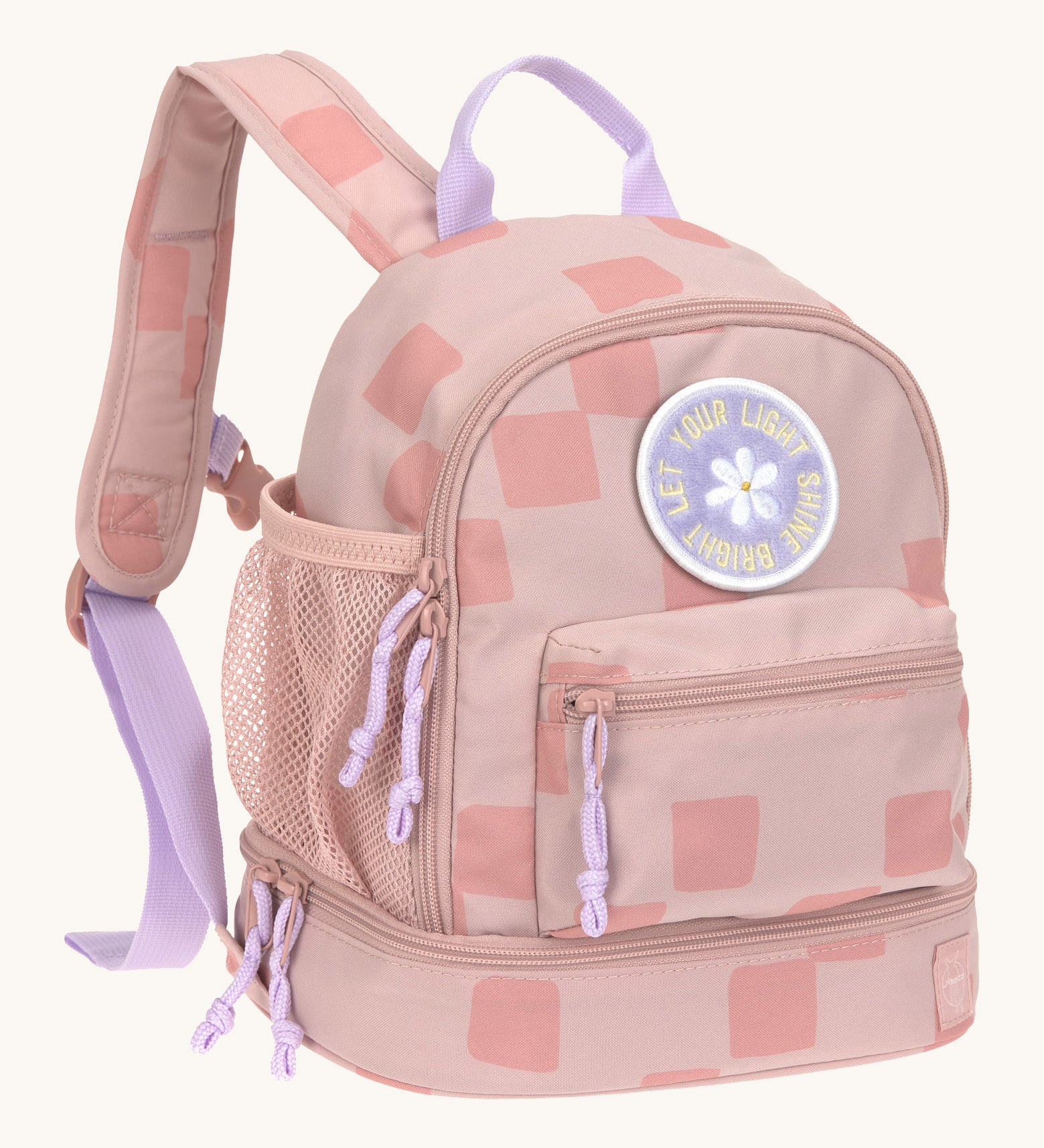 Lassig kids mini pattern party rose pattern backpack available on Babipur. A pale pink backpack with square patterns and a cute flower patch on the front panel. Features padded shoulder straps, mesh side pockets and 3 zipped compartments. 