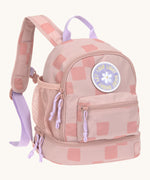 Lassig kids mini pattern party rose pattern backpack available on Babipur. A pale pink backpack with square patterns and a cute flower patch on the front panel. Features padded shoulder straps, mesh side pockets and 3 zipped compartments. 