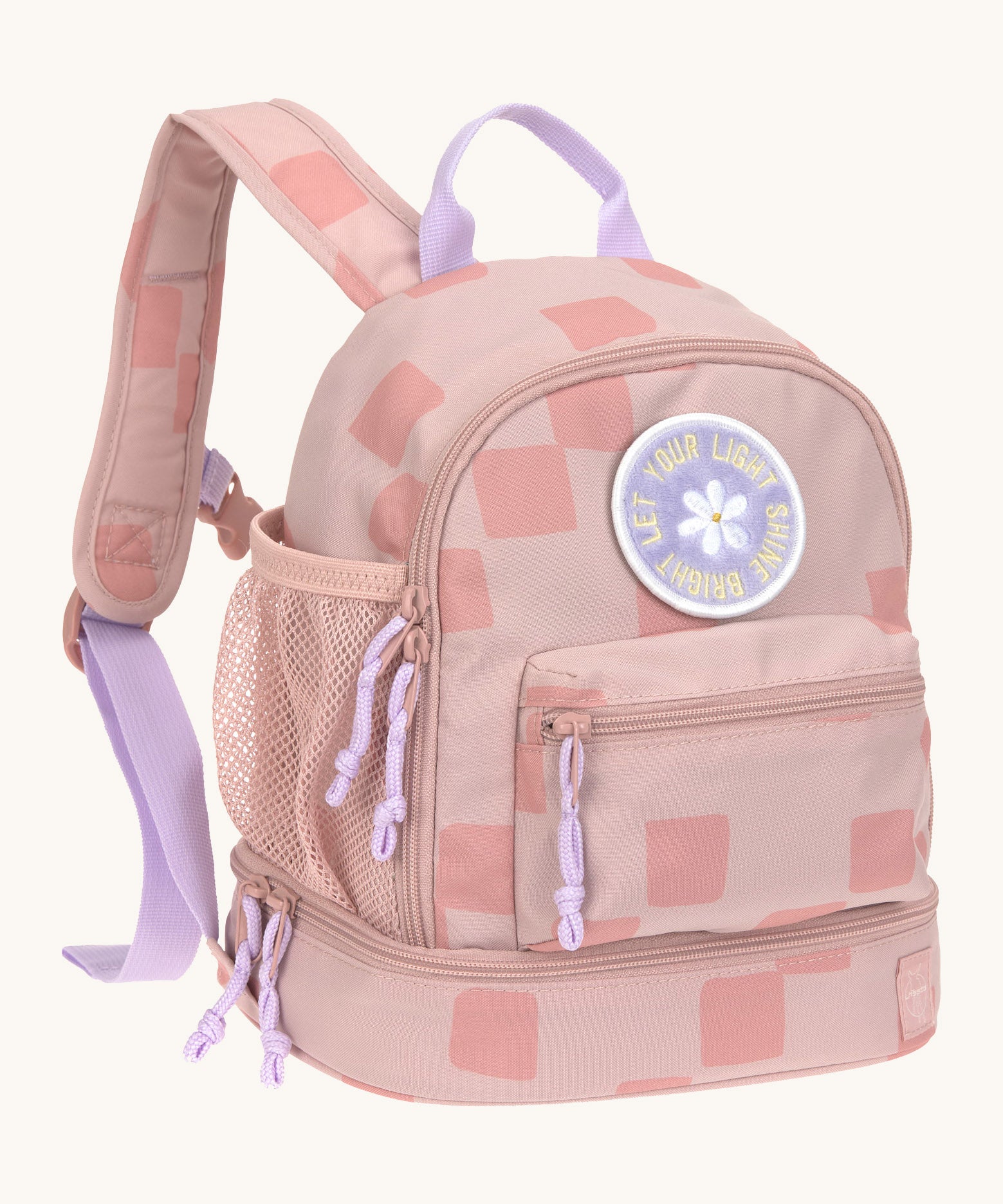Lassig kids mini pattern party rose pattern backpack available on Babipur. A pale pink backpack with square patterns and a cute flower patch on the front panel. Features padded shoulder straps, mesh side pockets and 3 zipped compartments. 